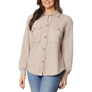 Briggs Women's L Button-Down Waffle Knit Shirt Tan Cotton/Poly Blend M0382